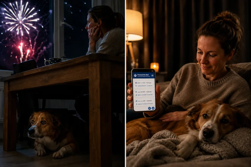 Concerned dog hiding under a table during fireworks compared with the same dog relaxed after receiving advance notice through Firework Pet Alert.